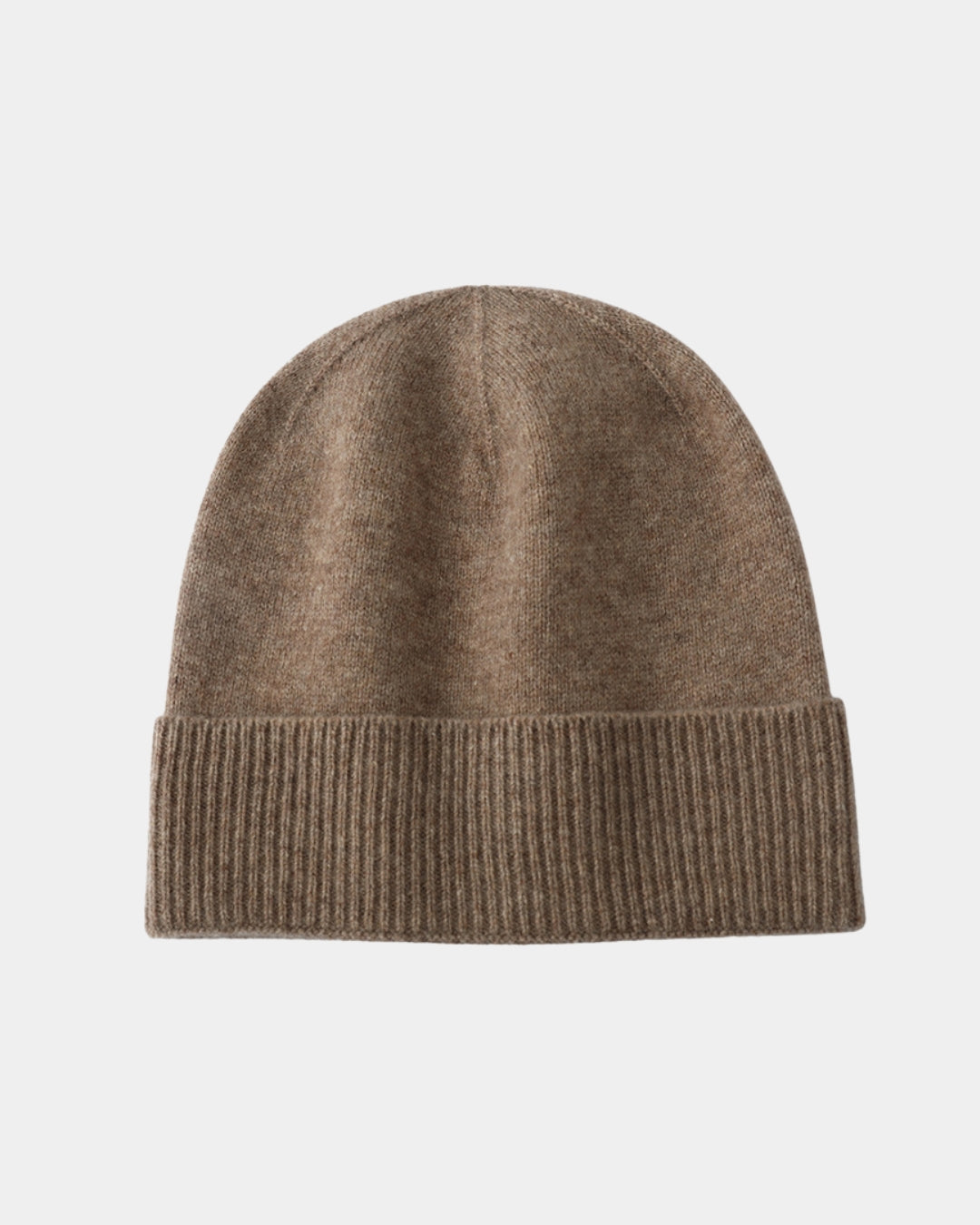 Khaki brown men’s wool cuffed beanie with a soft knit texture and ribbed fold-over brim for a classic winter look.