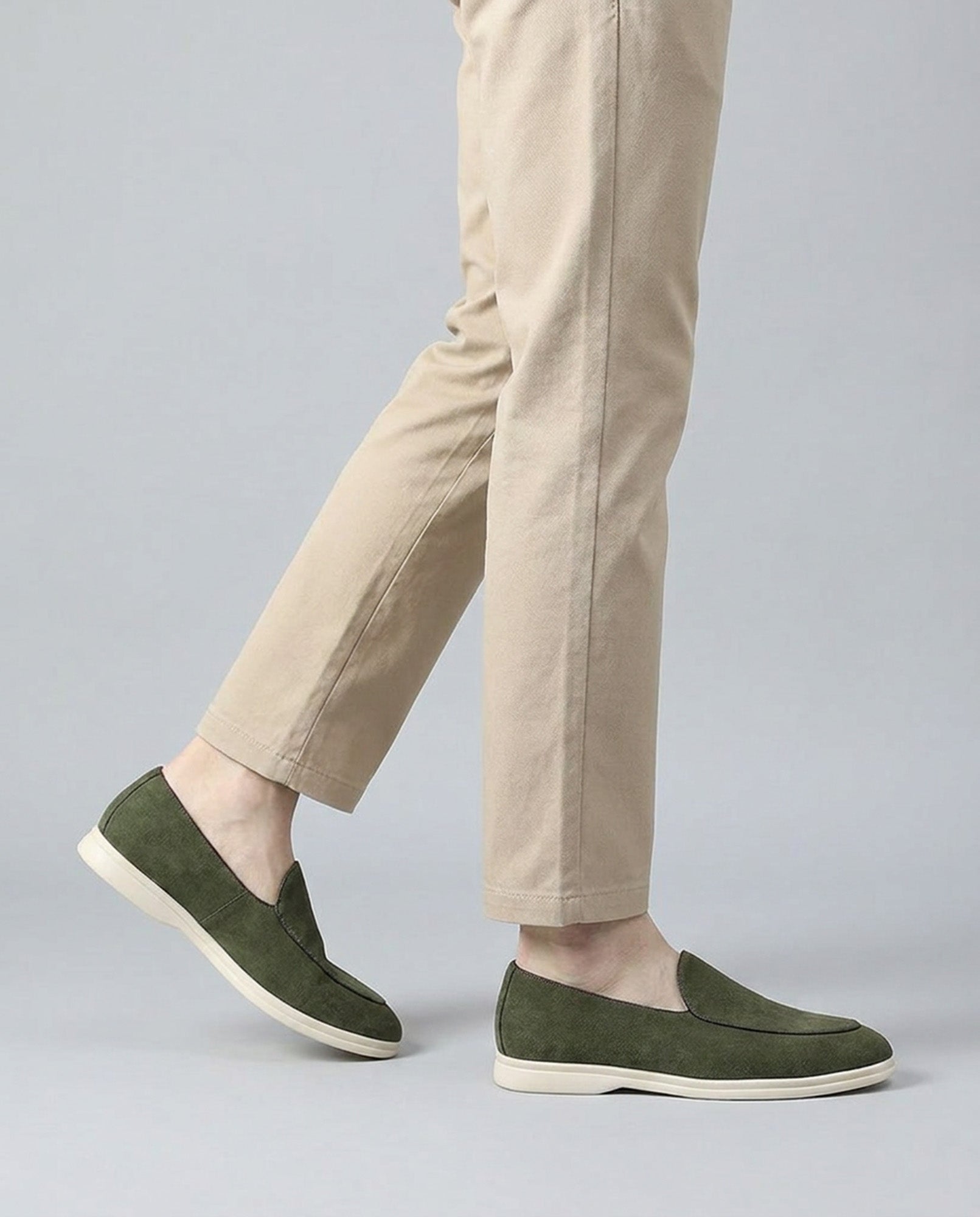 Milan men's olive suede slip-on loafers styled while walking