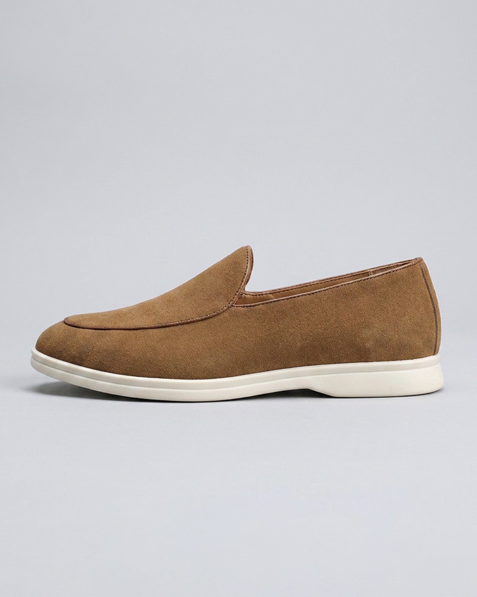 Side view of Milan men's tan suede slip-on loafer