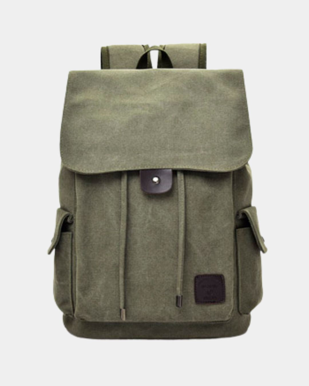 An army green canvas backpack with a front flap pocket, side pockets, and dark brown leather accents,  by Hudson & Tate.