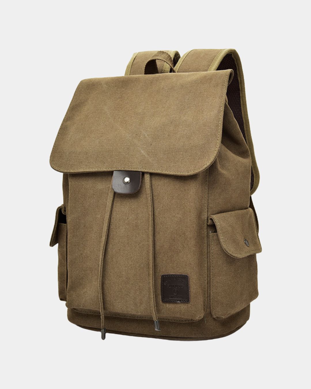 A khaki canvas backpack with a large front flap, drawstring closure, and side pockets, by Hudson & Tate.