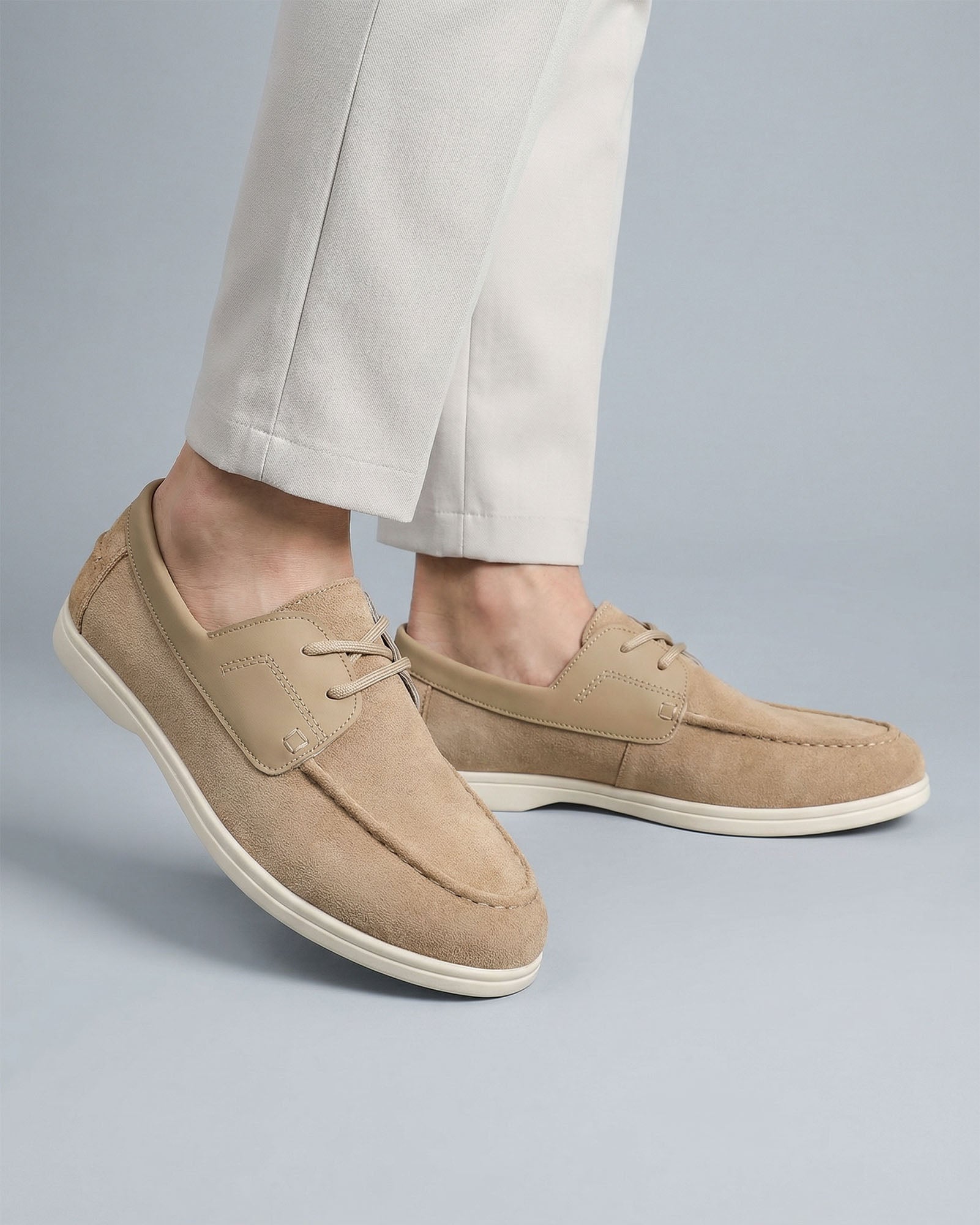 Hudson & Tate Portside Deck Shoe Beige - On Foot Front View