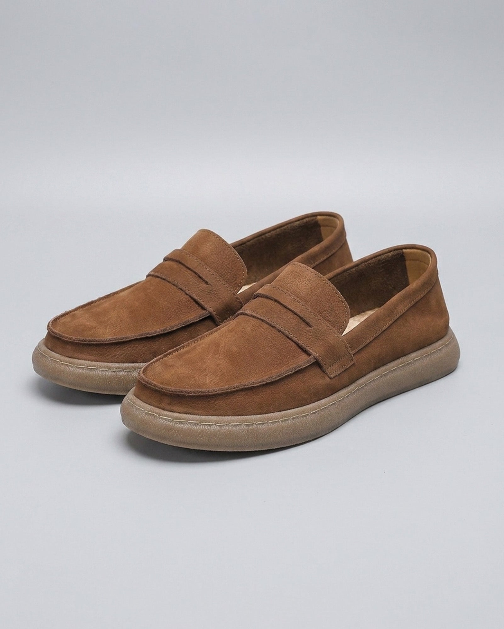Pair of Salcombe men's brown leather penny loafers with tonal cupsole