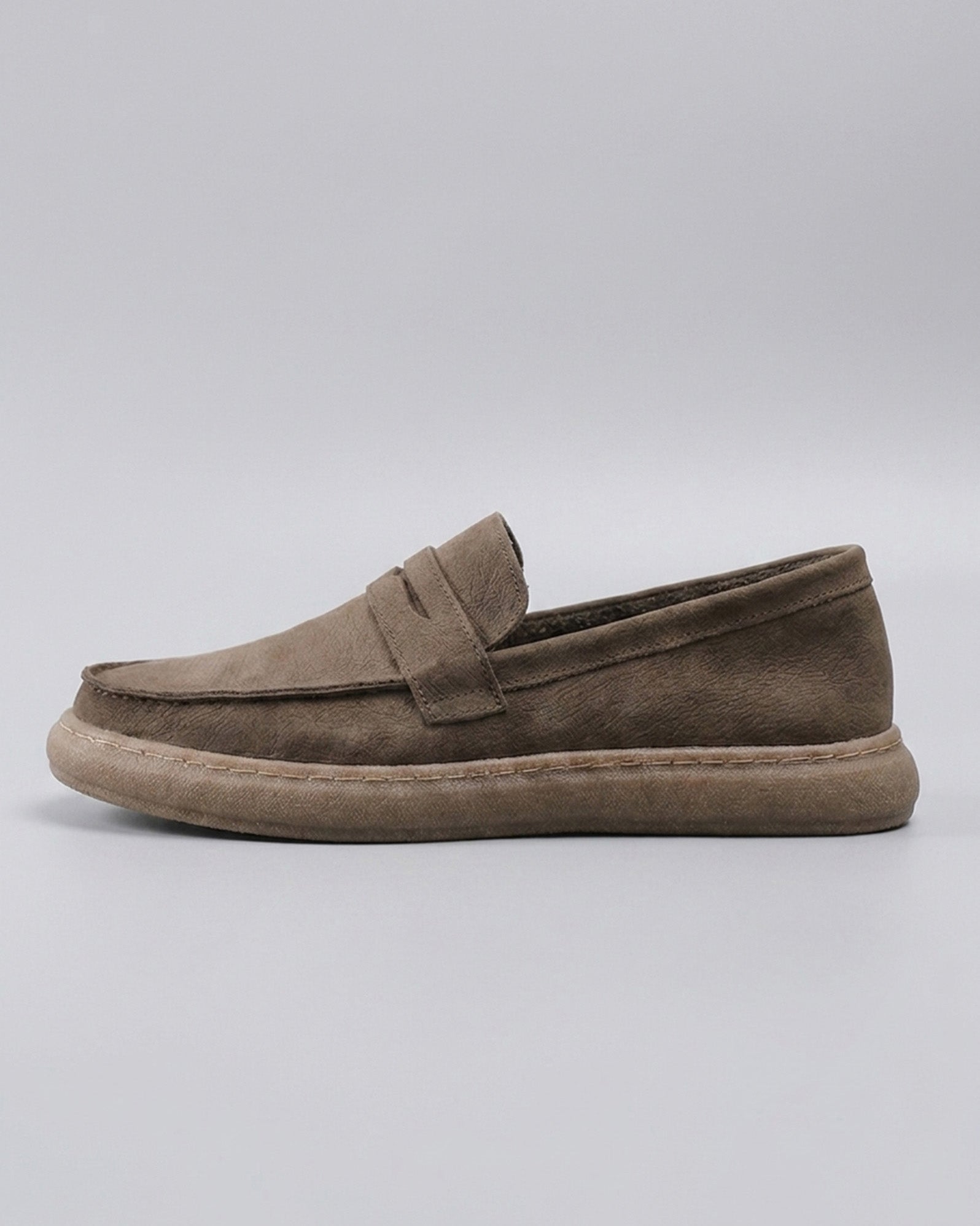 Side view of Salcombe men's dark grey leather penny loafer