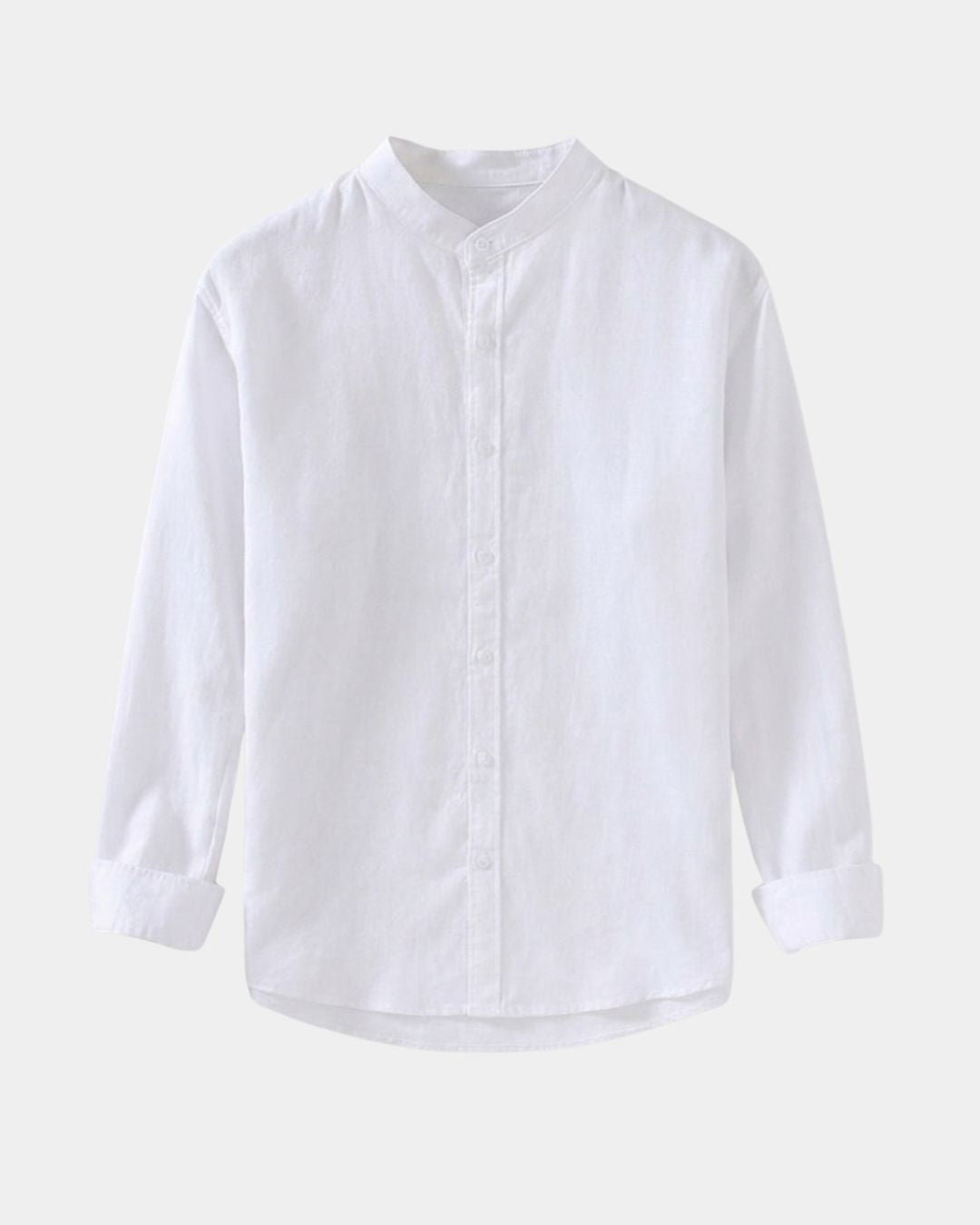 White long-sleeve men's shirt in a breathable linen-cotton blend with a clean stand collar and button-down front.