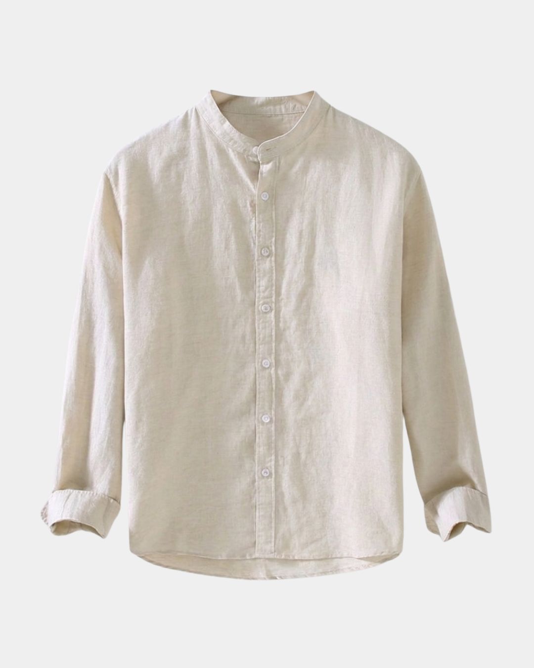 Beige linen-cotton blend men's long-sleeve shirt with a stand collar and full button-front fastening.