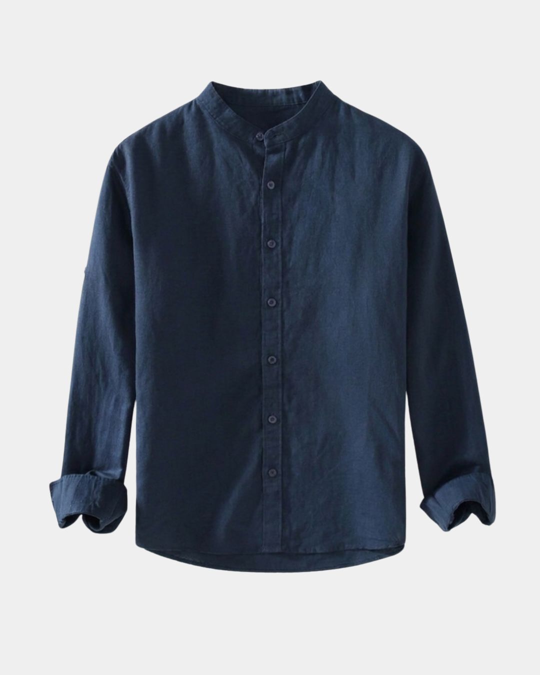 Navy blue men's long-sleeve shirt in a linen-cotton blend with a stand collar and button-front fastening.