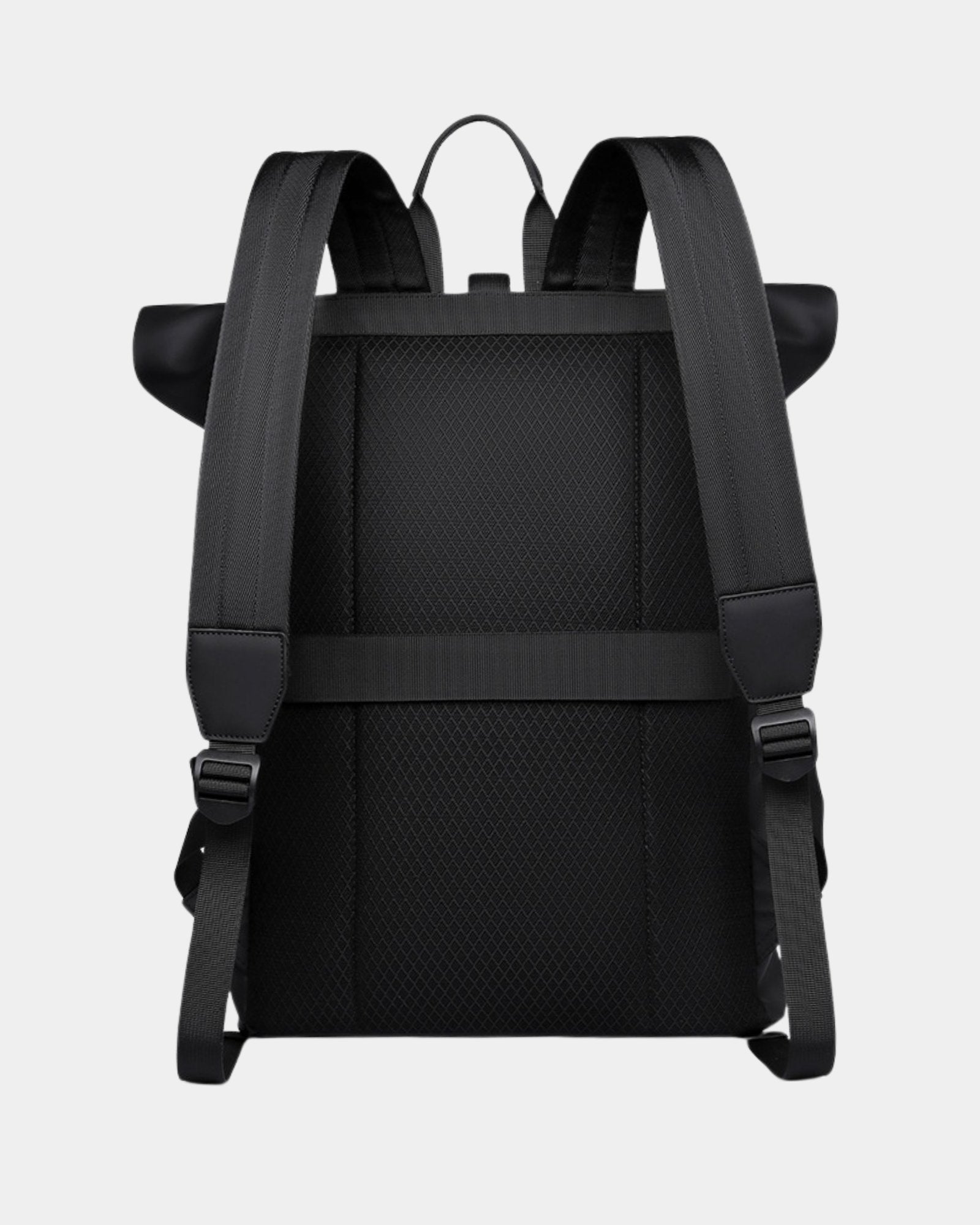 Tucker waterproof laptop travel backpack back view with padded shoulder straps