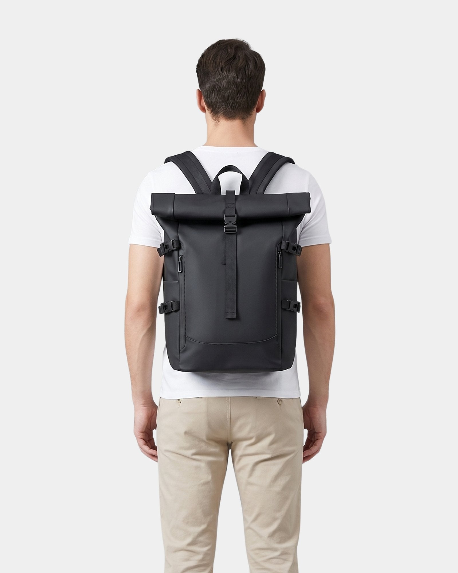 Tucker waterproof laptop travel backpack worn by model