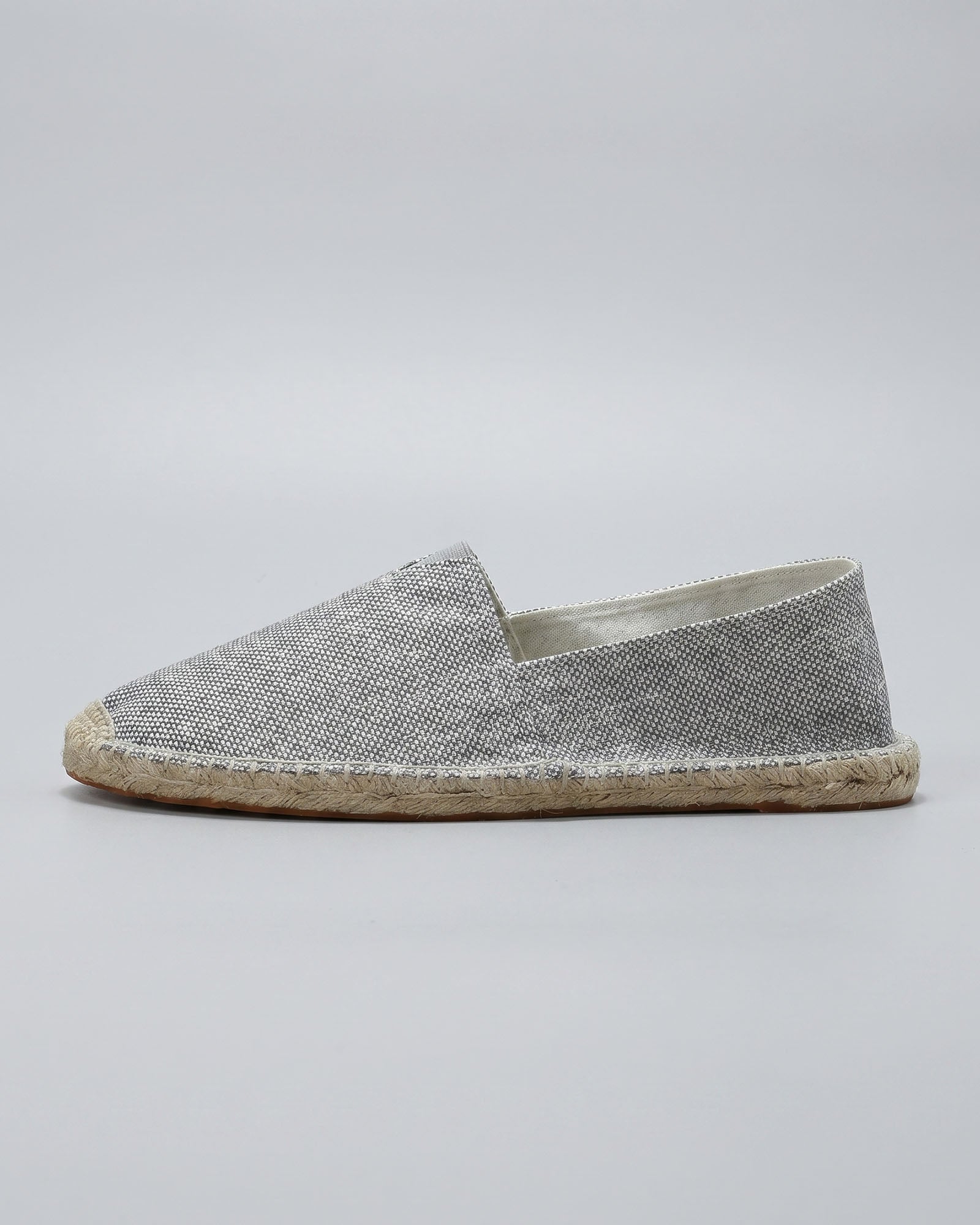Side view of Tulum men's gray canvas espadrille loafer with woven jute sole