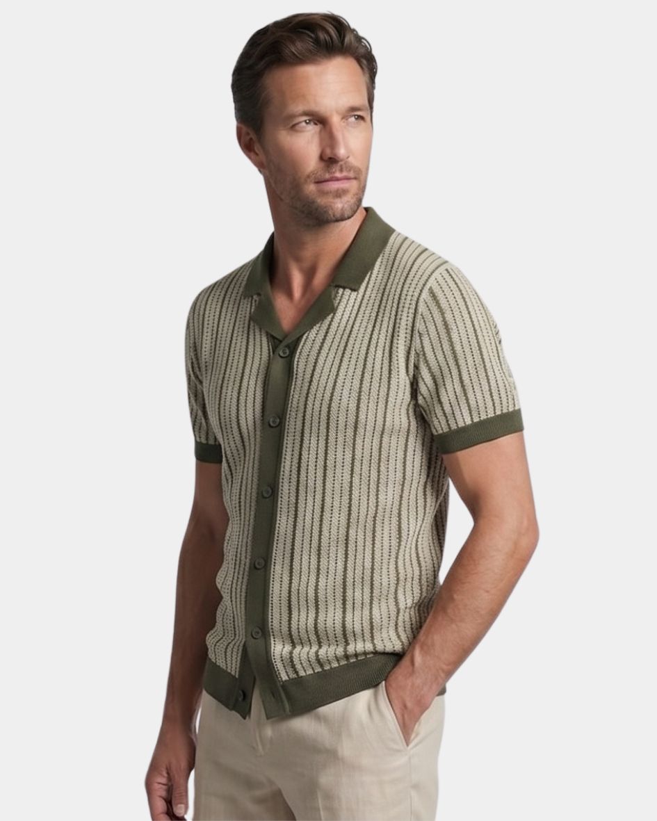 Vincent Men's Striped Knit Button Down Polo Shirt