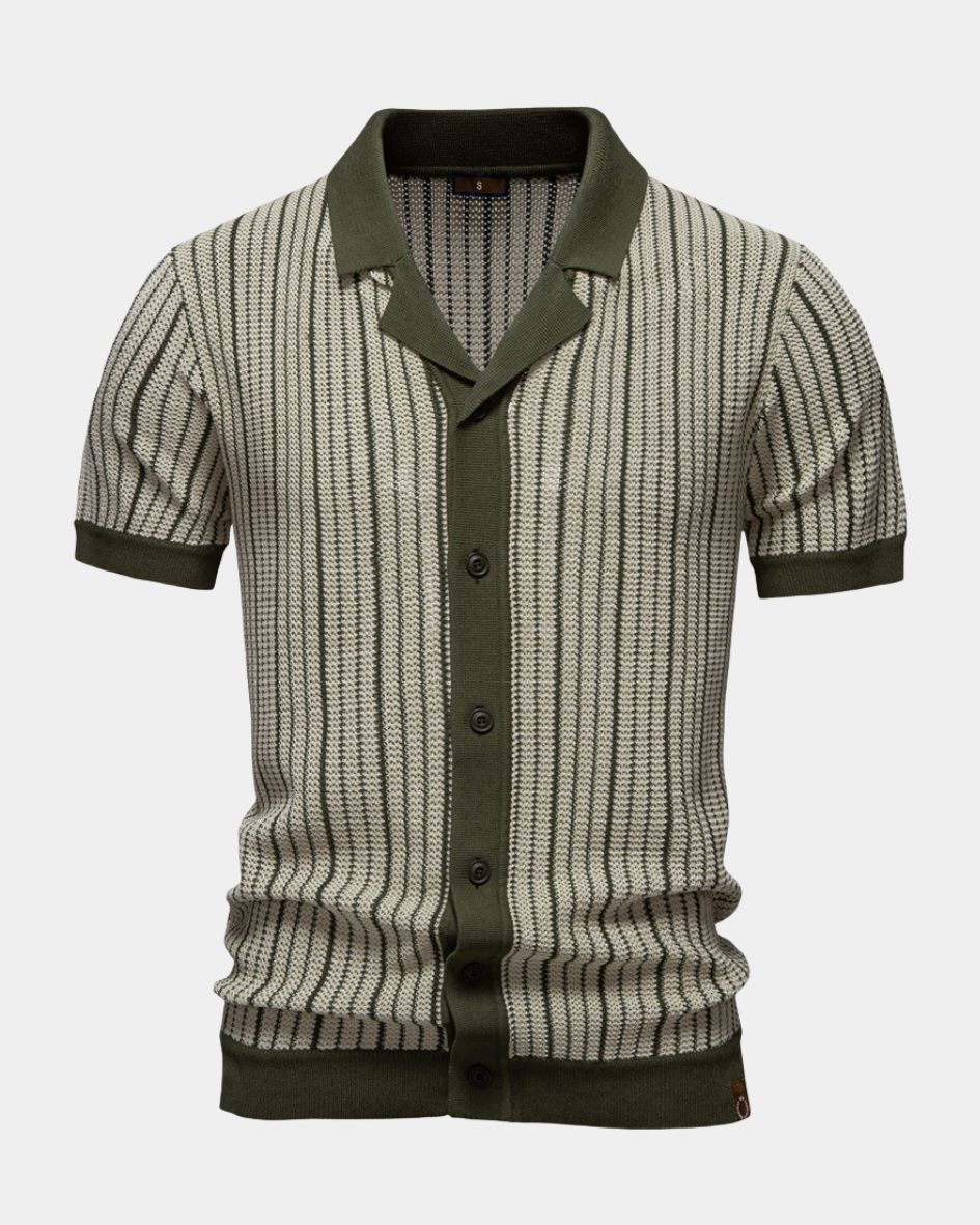 Short-sleeve shirt with green collar and buttons on a white background